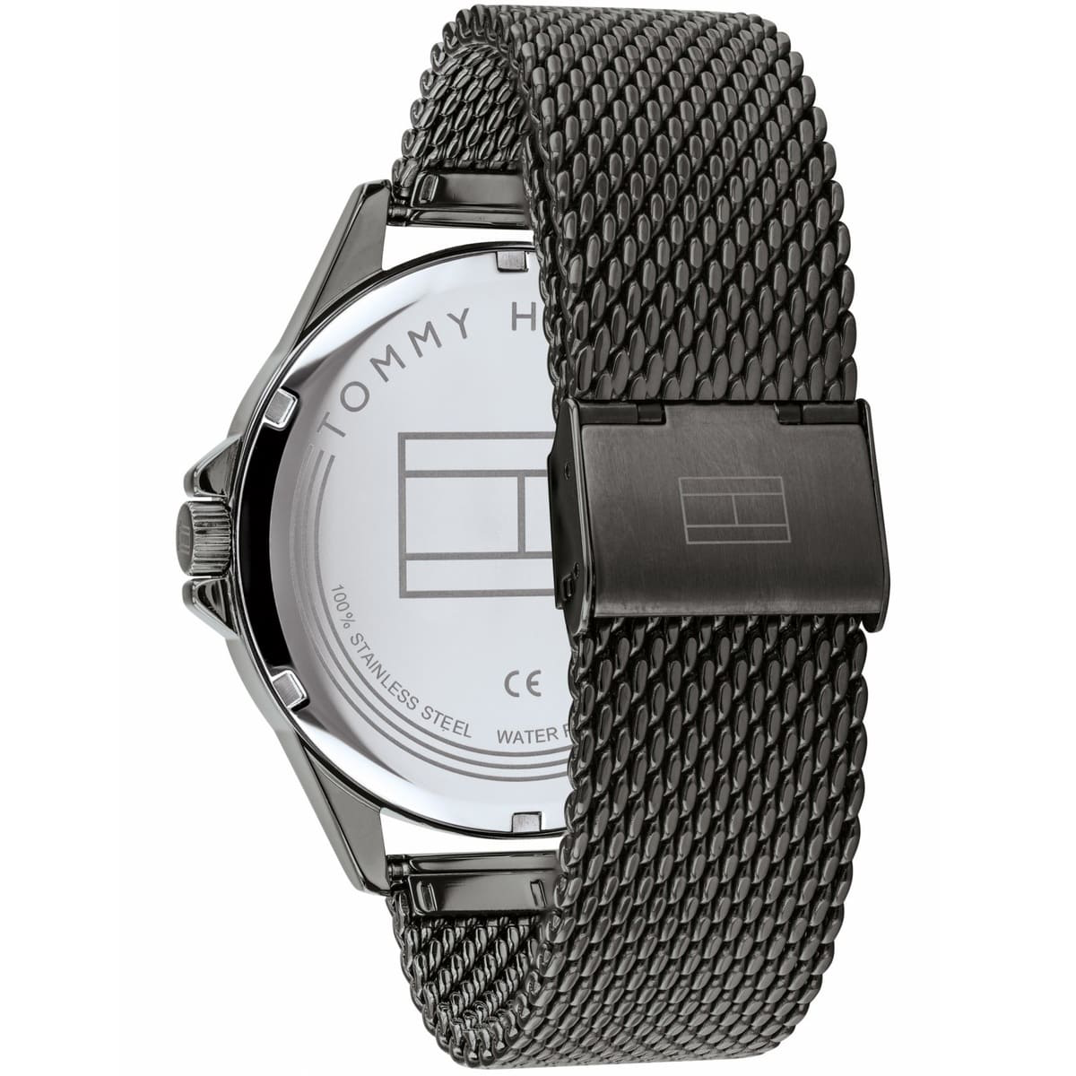 Tommy Hilfiger Shawn watch caseback showing steel construction and water resistance