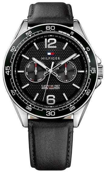 Tommy Hilfiger Sophisticated Sport men's watch with black dial and black leather strap, front view