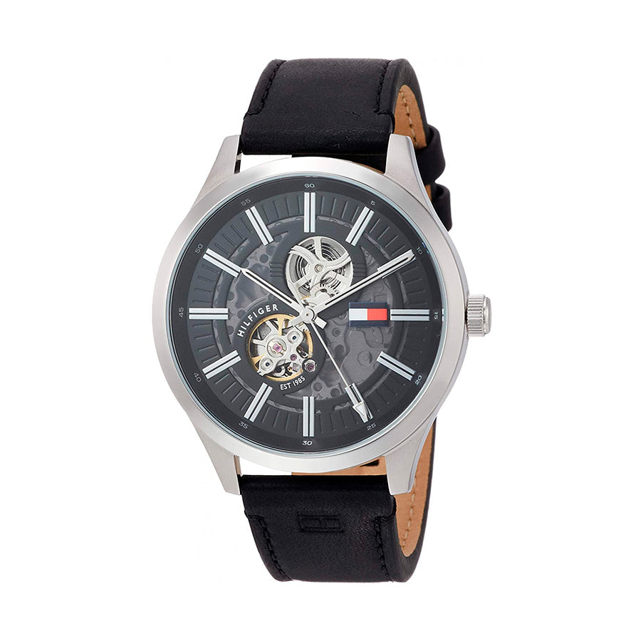 Tommy Hilfiger Spencer men's watch with exposed movement and black leather strap