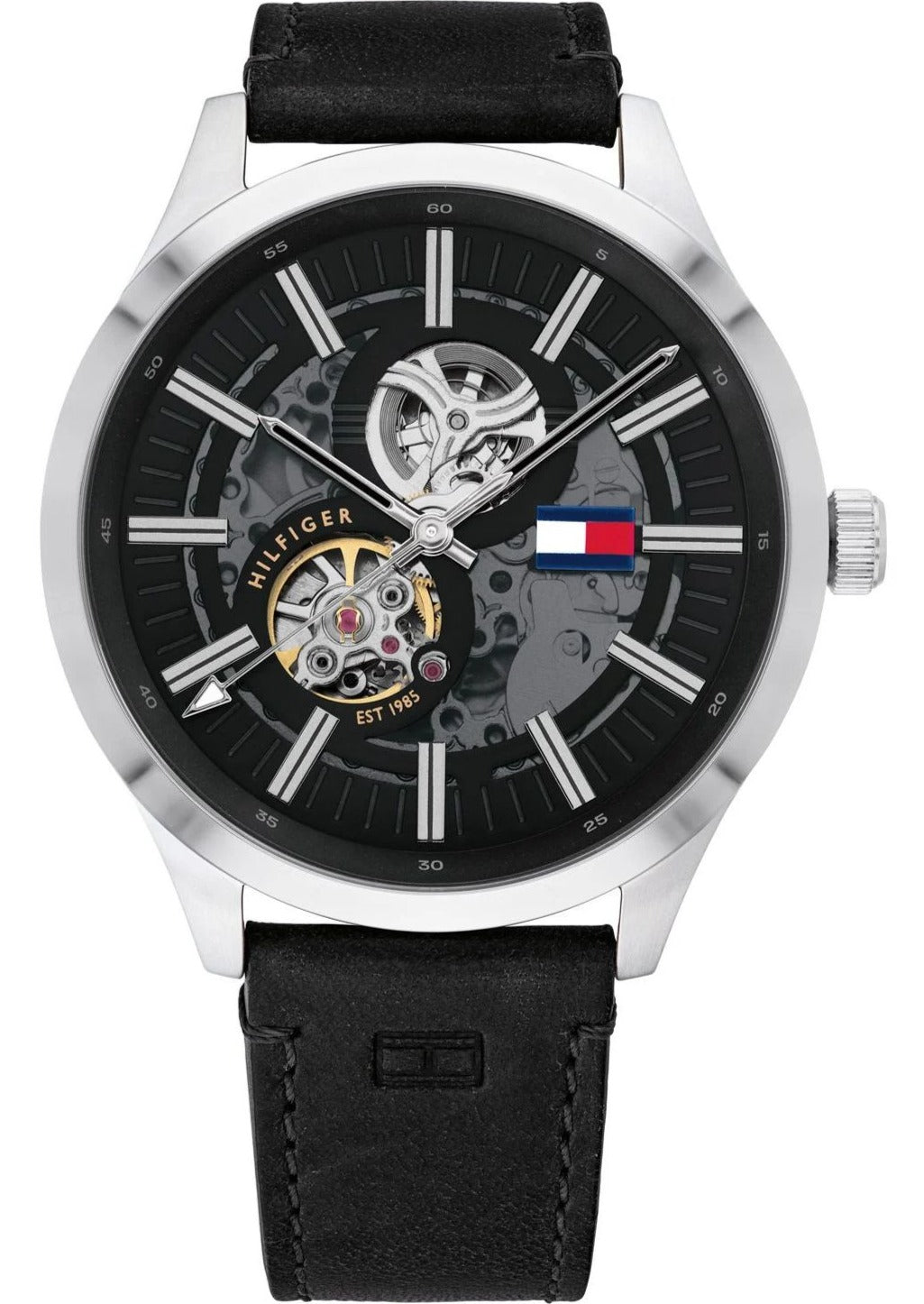 Tommy Hilfiger Spencer skeleton watch with black dial and white indices