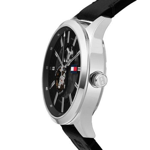 Side profile of Tommy Hilfiger Spencer automatic watch with stainless steel case