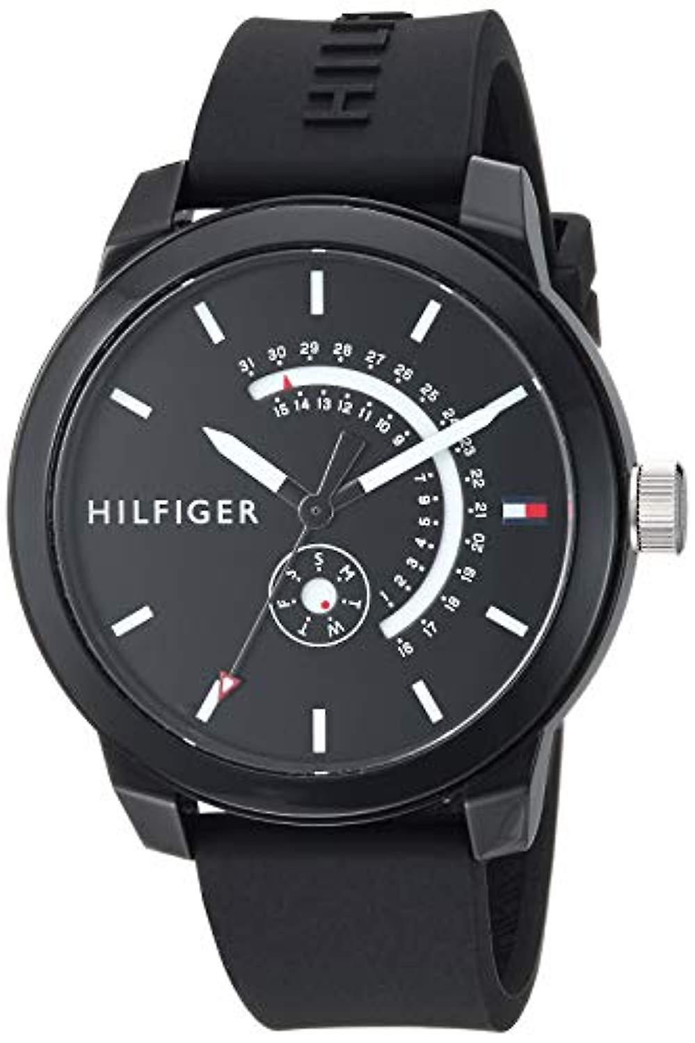 Tommy Hilfiger Sport watch at three-quarter angle showing black case and strap