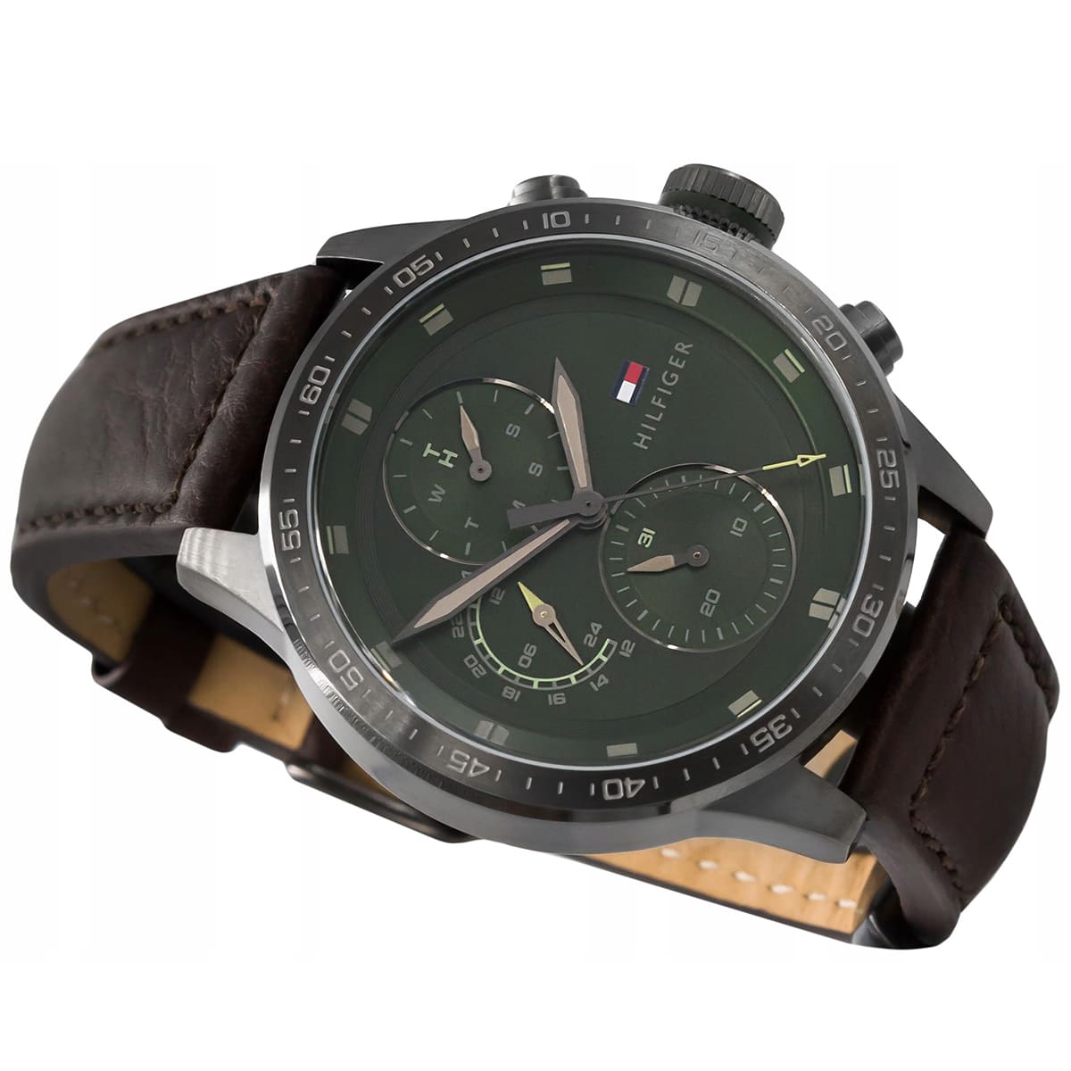 Tommy Hilfiger Quartz Leather Strap Green Dial 46mm Men's Watch 1791809