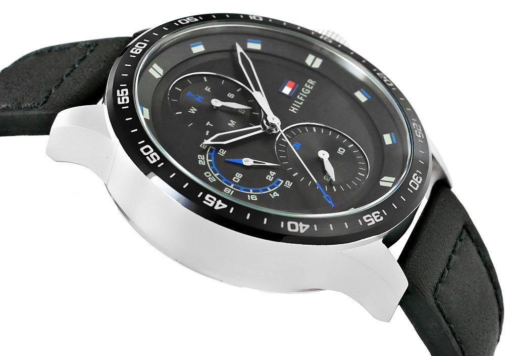 Tommy Hilfiger Trent 1791810 angled view of black multifunction chronograph dial