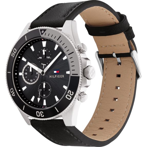 Tommy Hilfiger Trent 1791810 side view showing black leather strap and tan lining