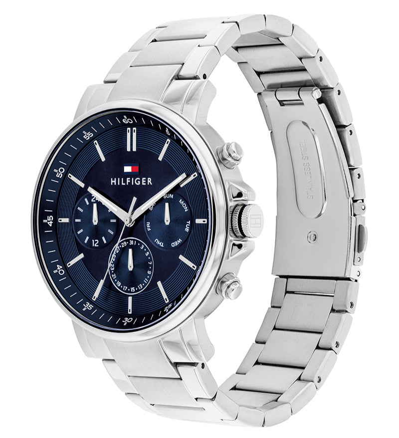 Tommy Hilfiger Tyson chronograph watch angled side view showing silver metal strap