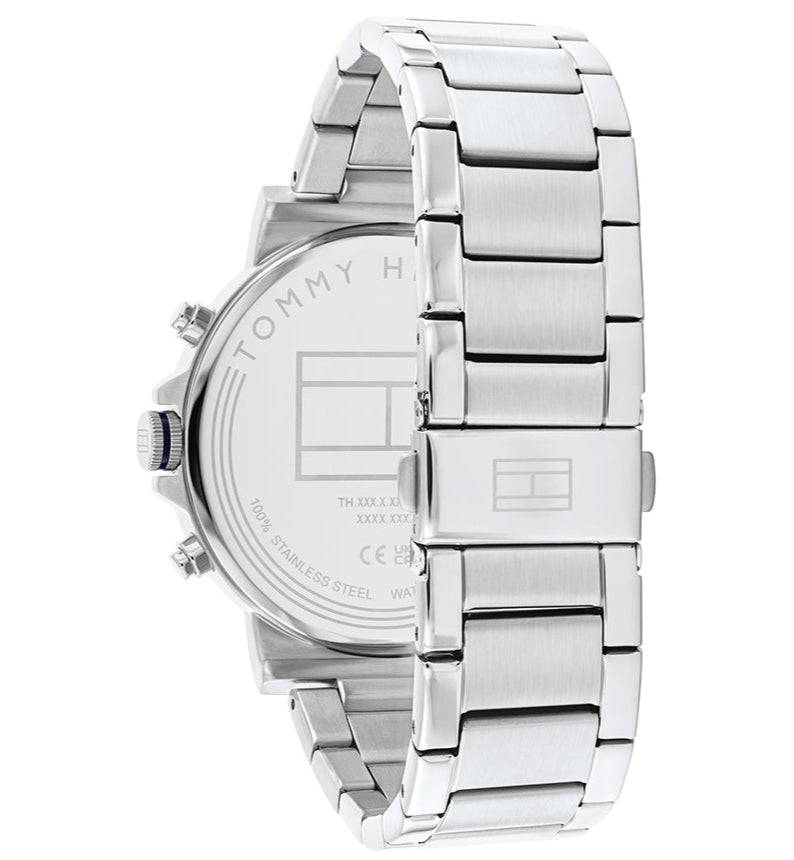 Tommy Hilfiger Tyson watch caseback and side profile with stainless steel bracelet