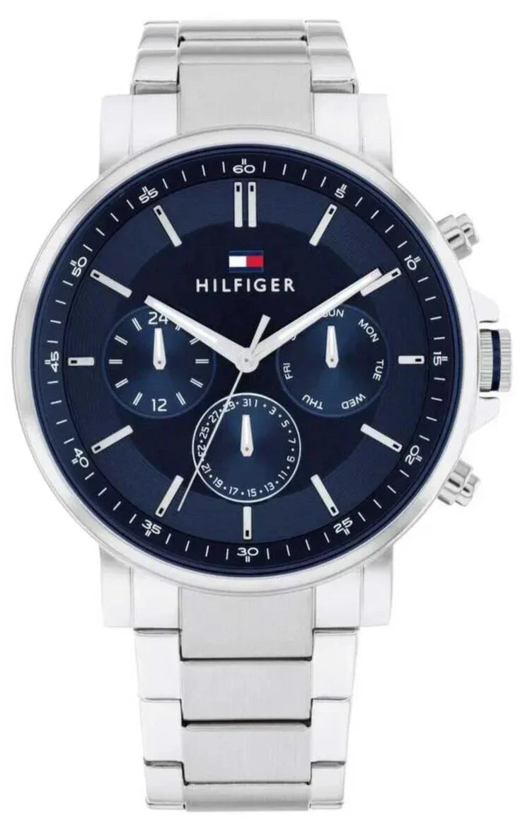Tommy Hilfiger Tyson chronograph watch with blue dial and silver steel bracelet