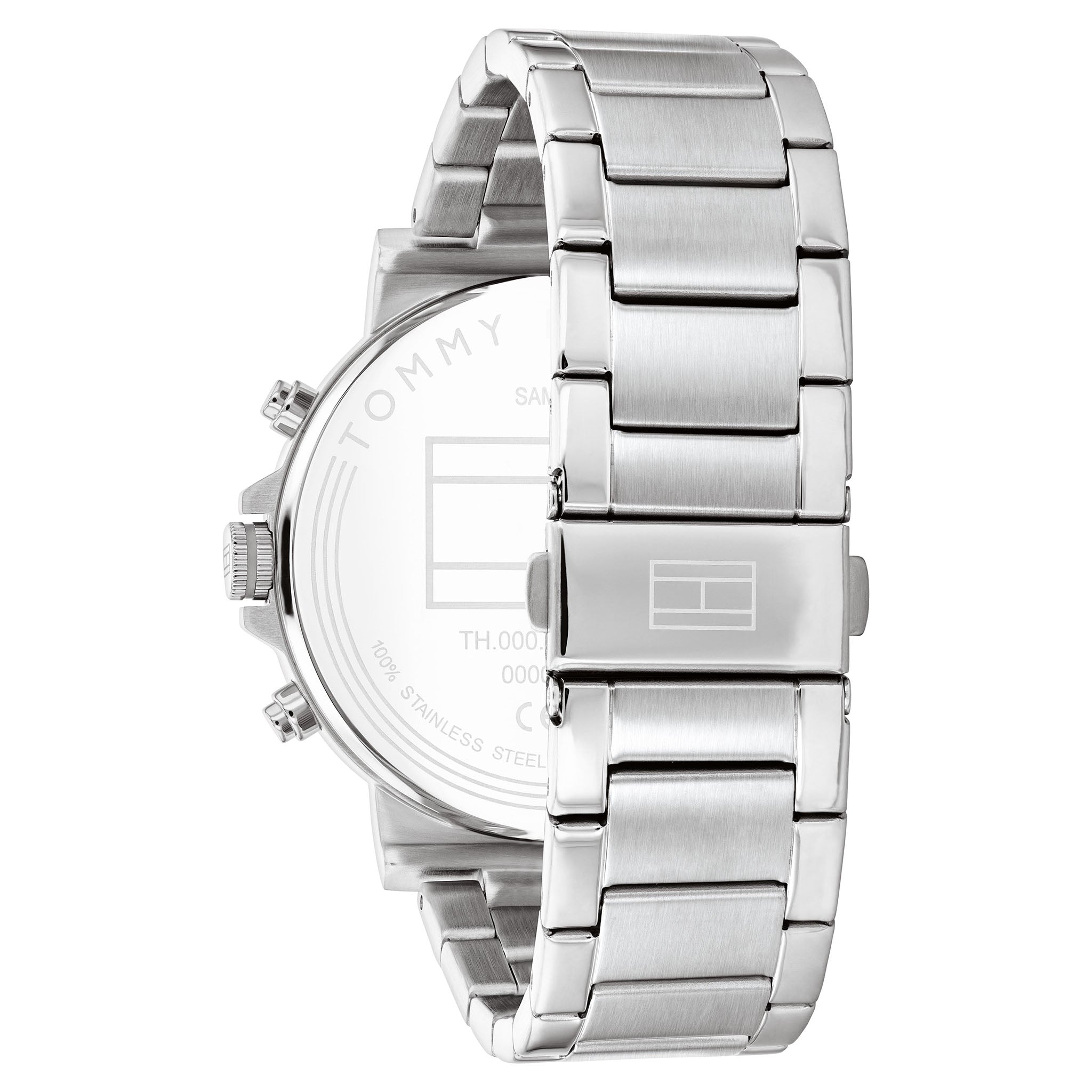 Side profile view of Tommy Hilfiger Tyson watch with stainless steel bracelet and case