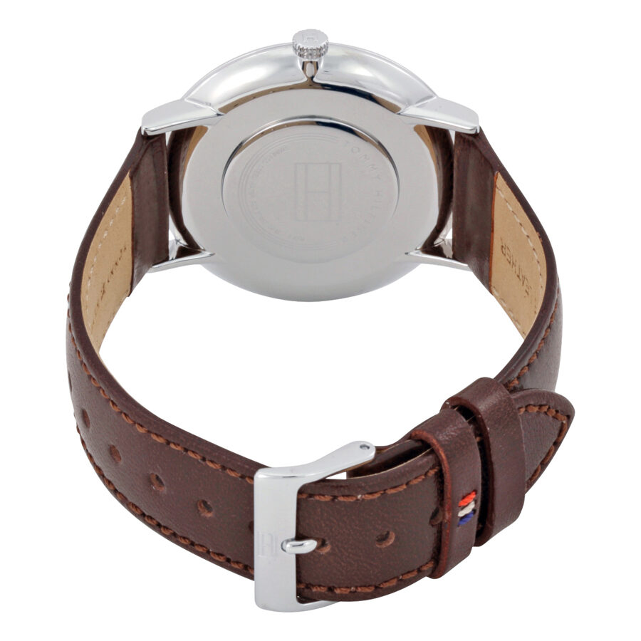 Back case view of Tommy Hilfiger Ultra Slim watch with brown leather strap and deployment closure