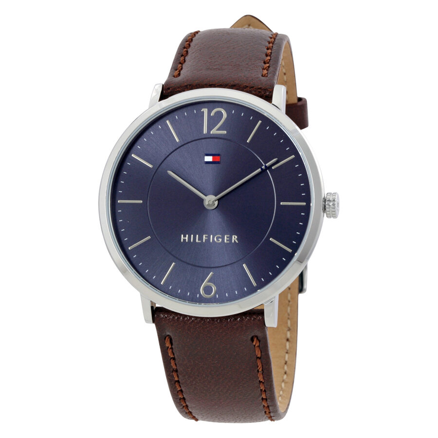 Tommy Hilfiger Ultra Slim men's watch with blue-grey dial, silver case, and brown leather strap