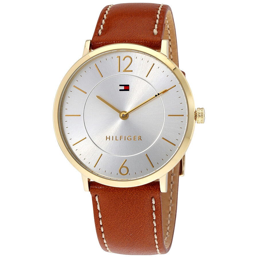 Tommy Hilfiger Ultra Slim silver dial watch with gold case and brown leather strap