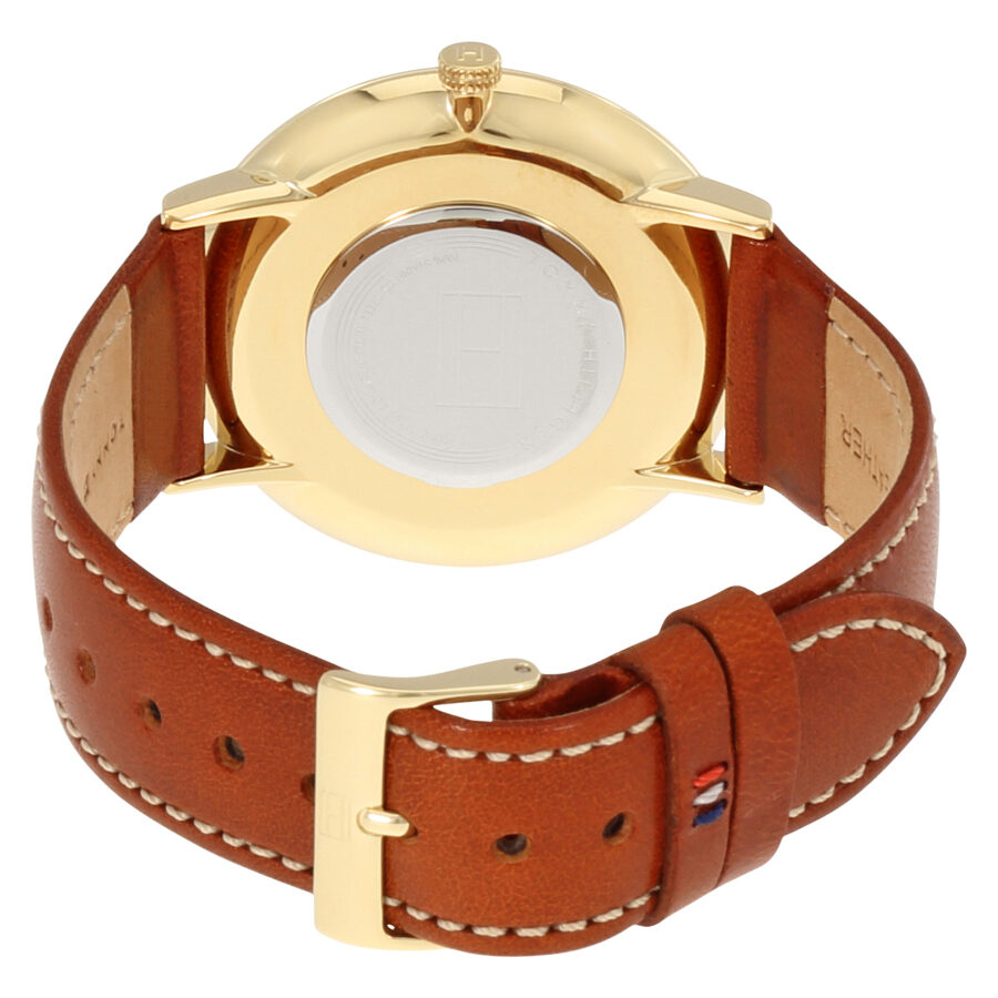 Tommy Hilfiger Ultra Slim watch caseback view with brown leather strap and buckle