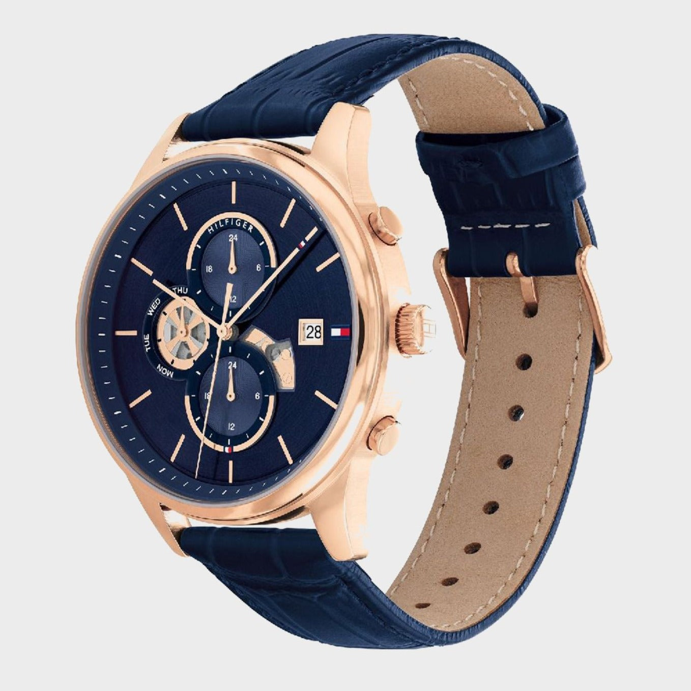 Angled view of Weston chronograph with blue leather strap and tan suede lining
