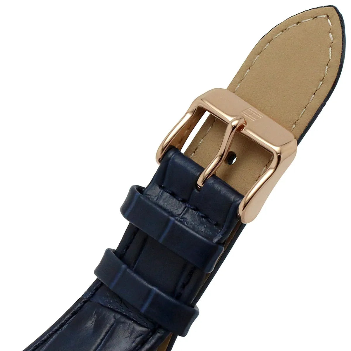Close-up of blue leather strap with tan suede lining and rose gold hardware