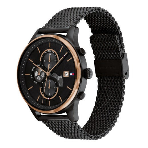 Tommy Hilfiger Weston 1710505 three-quarter view showing chronograph subdials and mesh strap detail