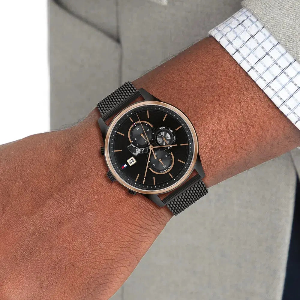 Tommy Hilfiger Weston 1710505 chronograph timepiece worn on wrist showing dial and mesh strap