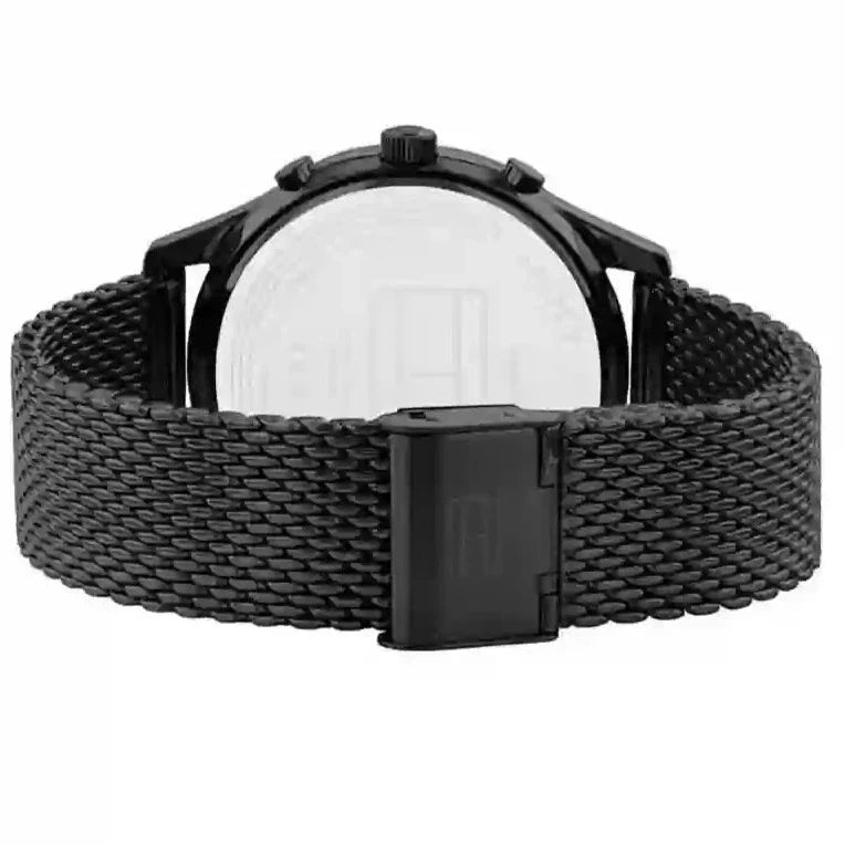 Tommy Hilfiger Weston watch caseback showing transparent exhibition window and bracelet