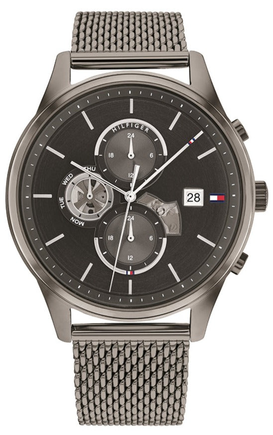 Tommy Hilfiger Weston gunmetal chronograph watch with black dial and mesh bracelet, front view