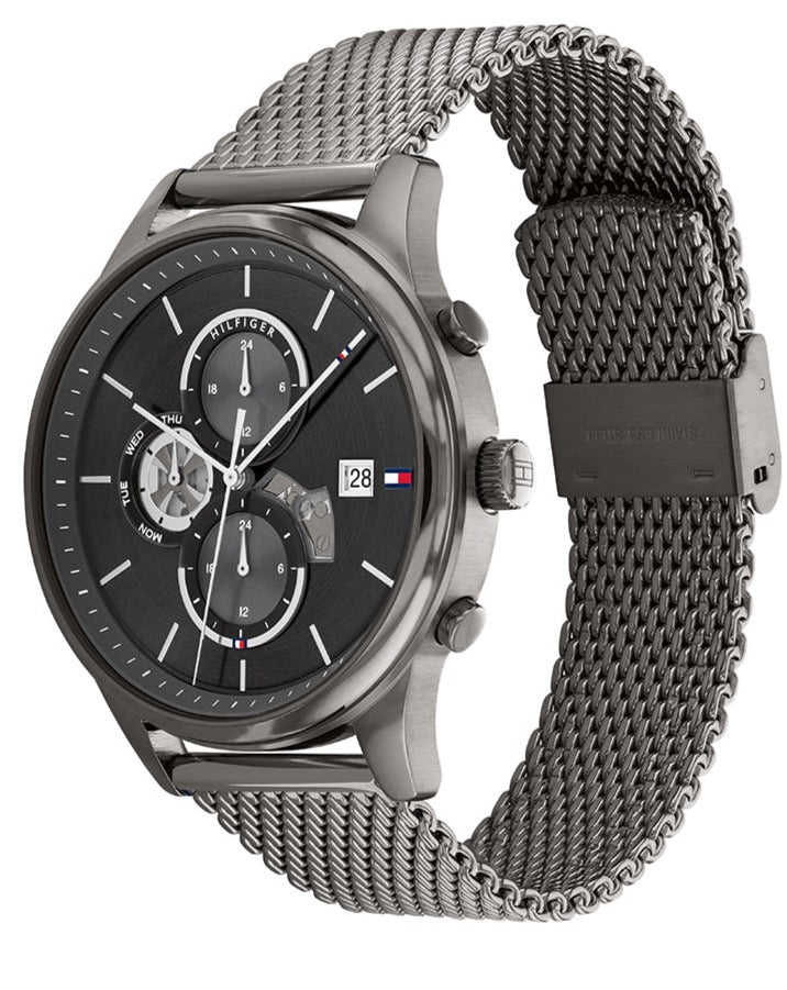 Tommy Hilfiger Weston watch side profile showing gunmetal steel mesh bracelet and case