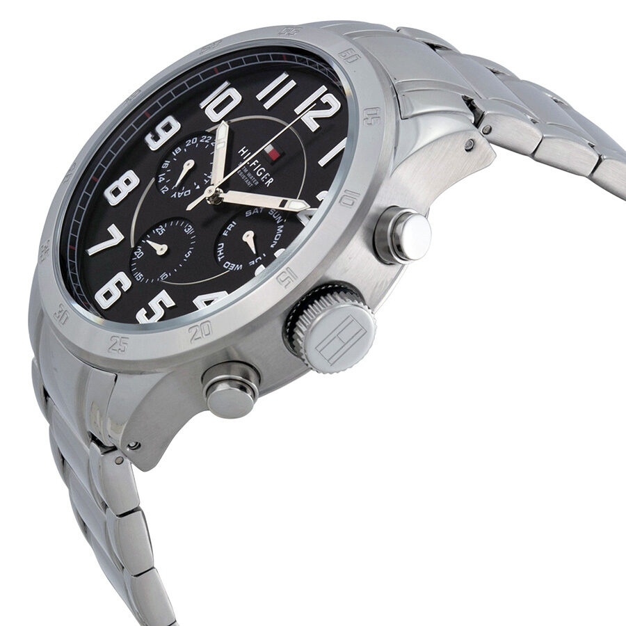 Side angle view of Tommy chronograph watch showing stainless steel bracelet and chronograph pushers