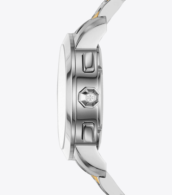 Side profile of Tory Burch TBW1034 watch showing stainless steel case and two-tone bracelet