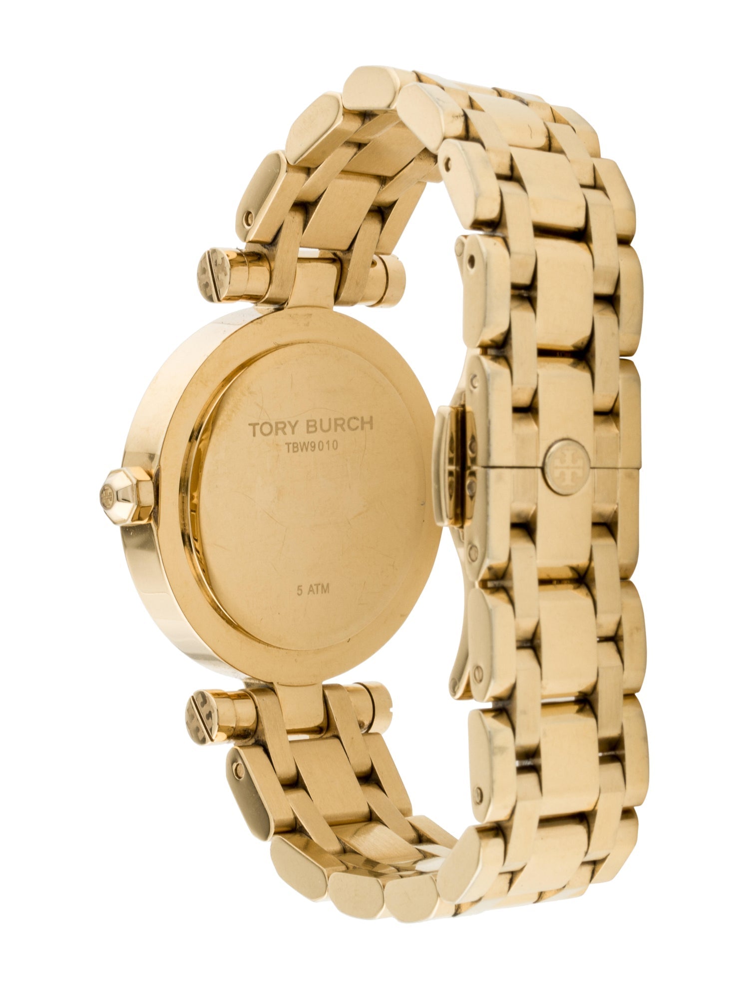 Tory Burch Classic T watch angle view showing gold case back and integrated bracelet