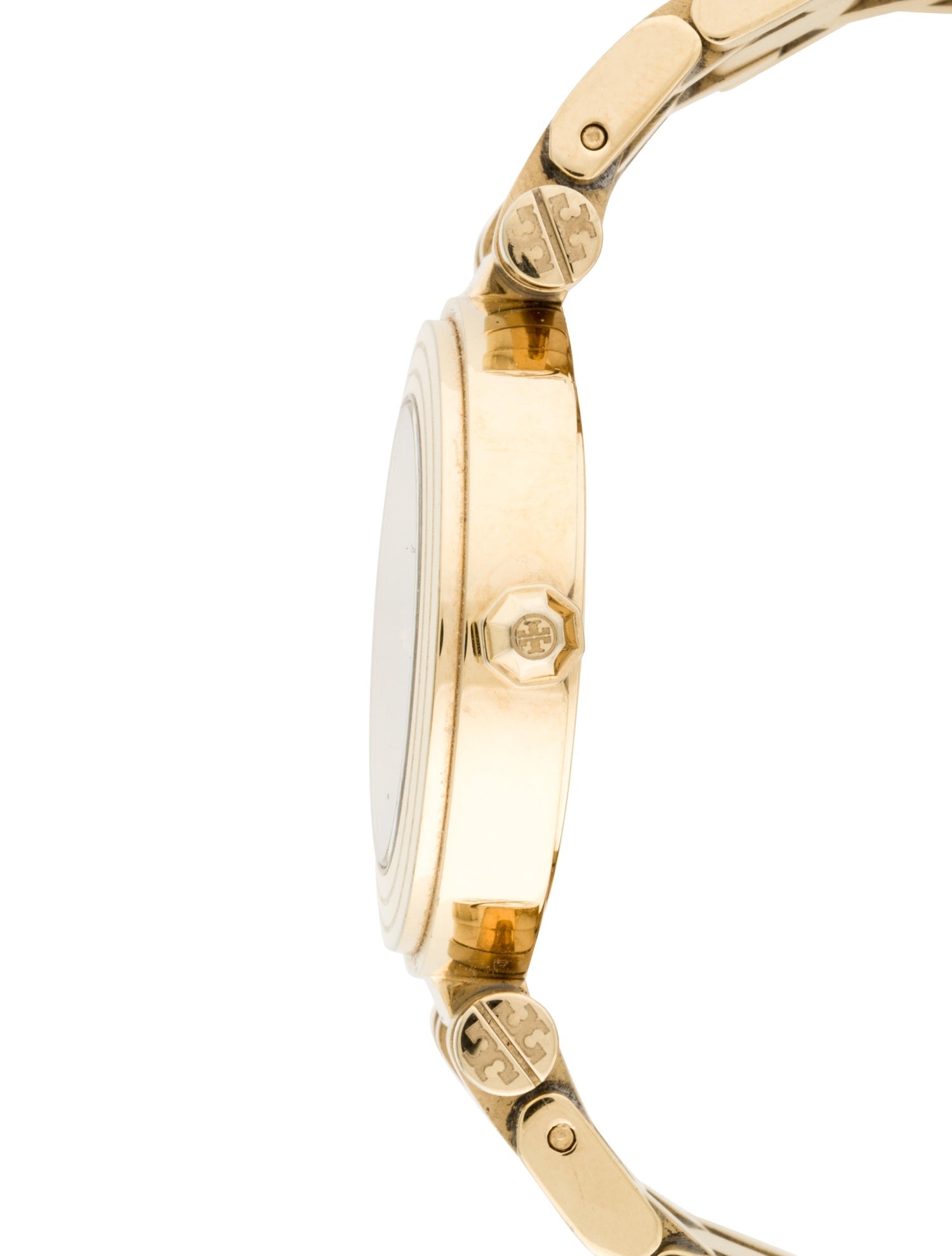 Side profile of Tory Burch Classic T watch showing case thickness and bracelet curvature