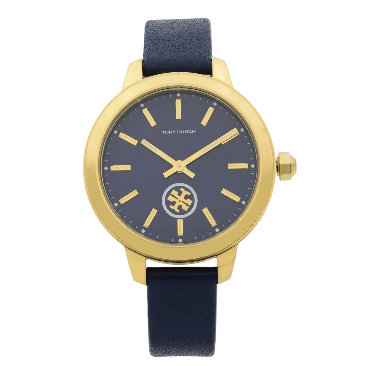 Front view of Tory Burch Collins watch showing blue dial and gold hour markers