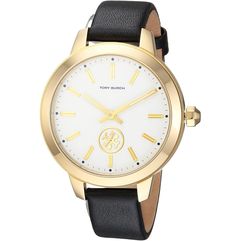 Angled view of Tory Burch Collins watch showing white dial and gold-tone case with black strap