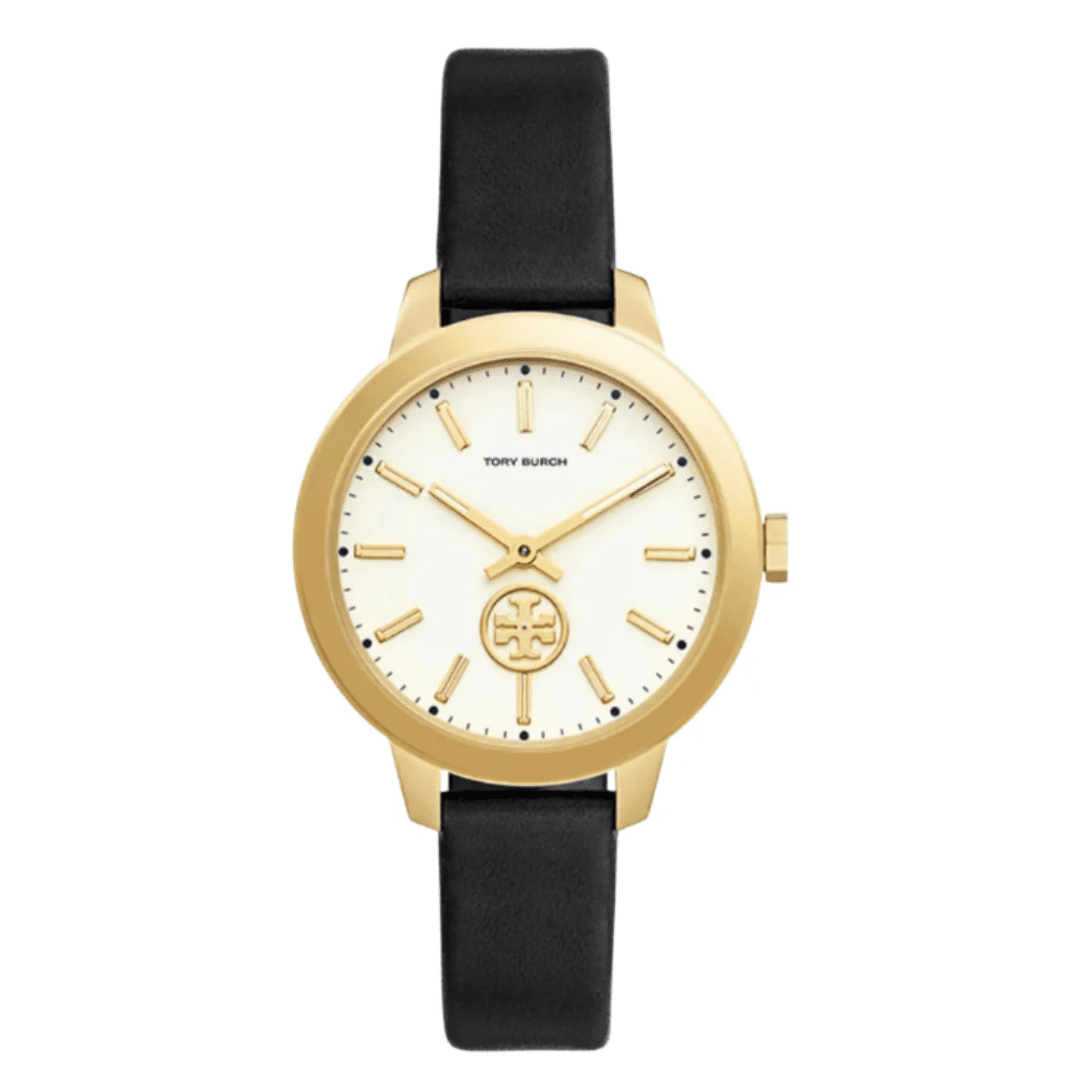 Tory Burch Collins watch with white dial, gold-tone case, black leather strap, and gold hour markers