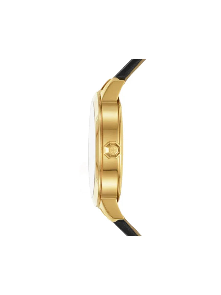 Side profile of Tory Burch Collins watch displaying gold-tone case and black leather strap