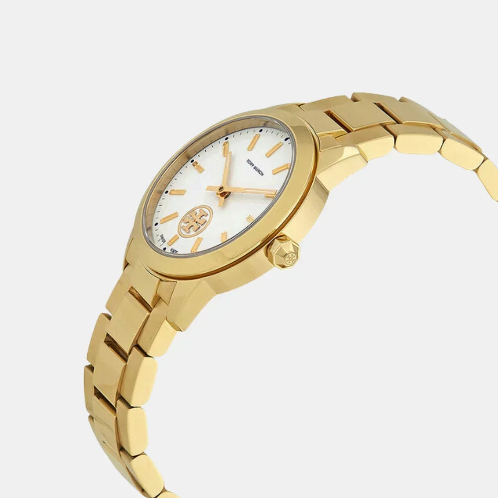 Tory Burch Collins yellow gold watch angled view showing case and link bracelet