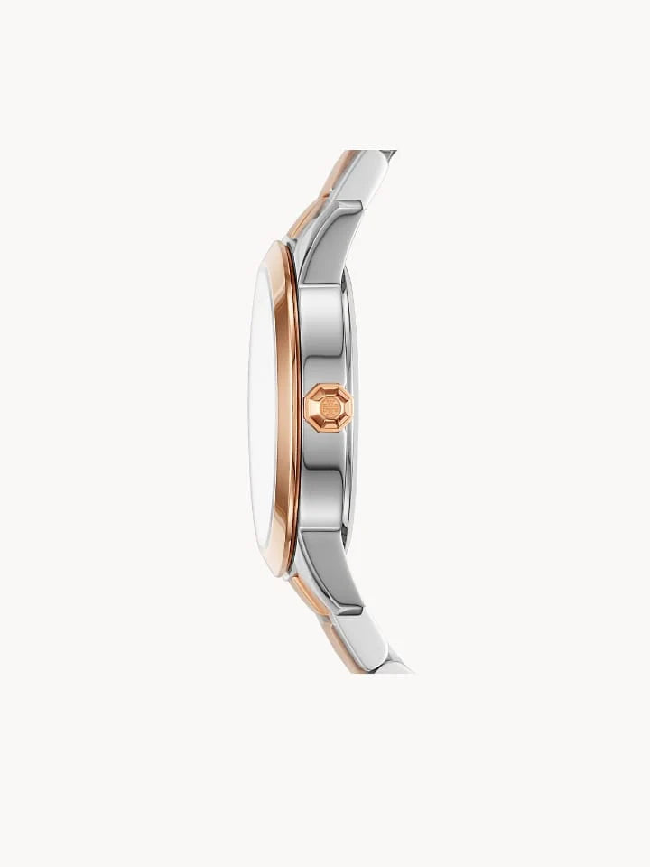 Side view of Tory Burch Collins watch showing rose gold bezel and two-tone bracelet