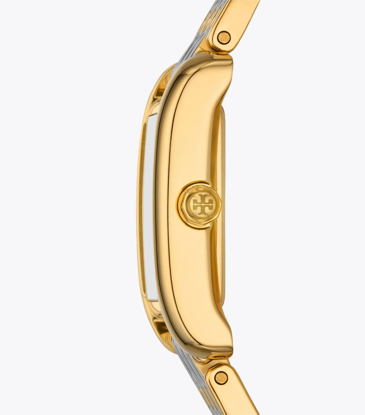 Side profile of Tory Burch Eleanor watch showing gold-tone case with Tory Burch logo