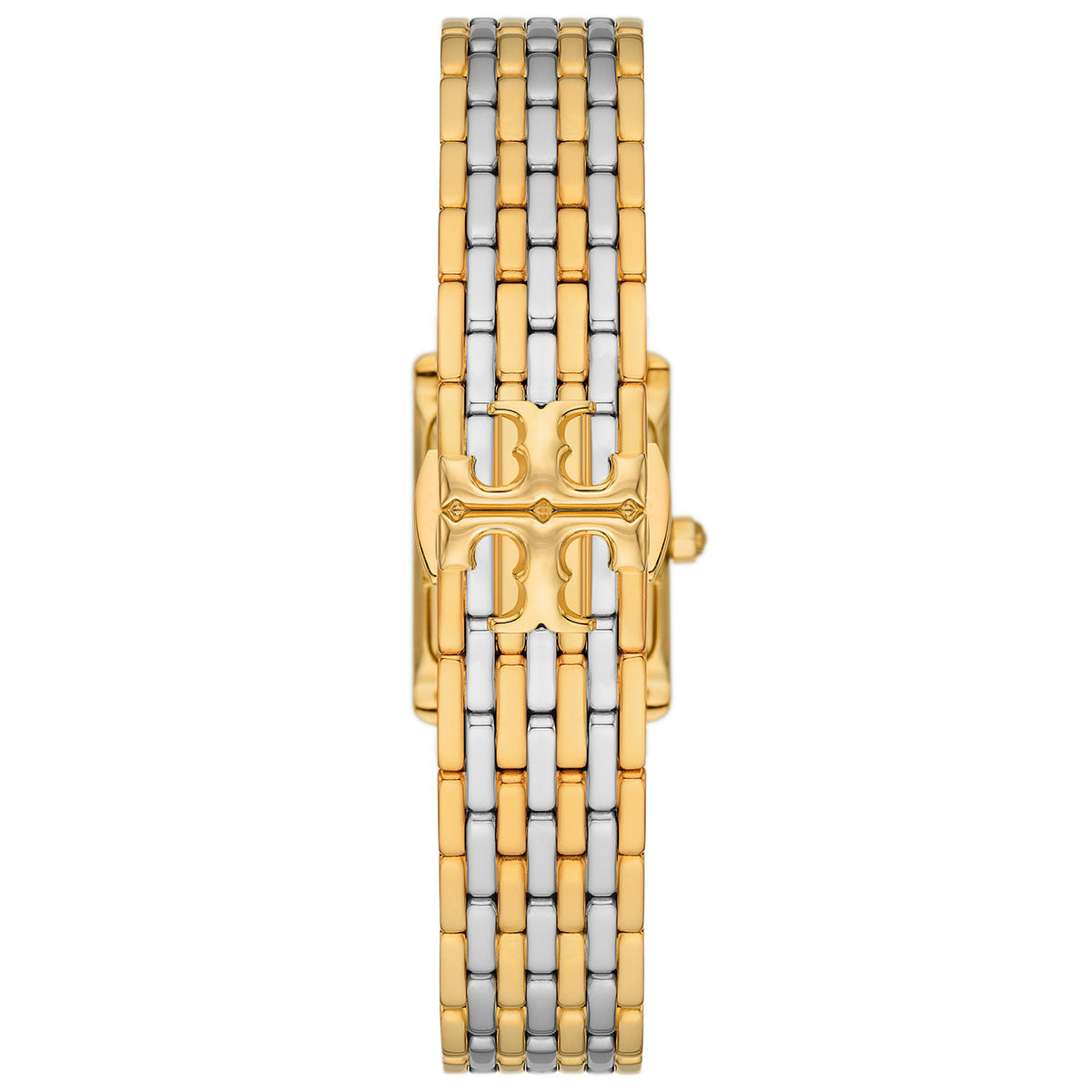 Two-tone gold and silver bracelet strap of Tory Burch Eleanor TBW1066 watch with logo clasp