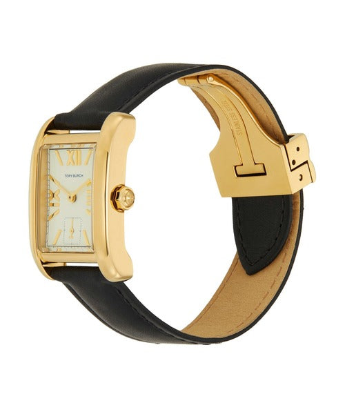 Tory Burch Eleanor women's watch worn on wrist showing white dial and gold case
