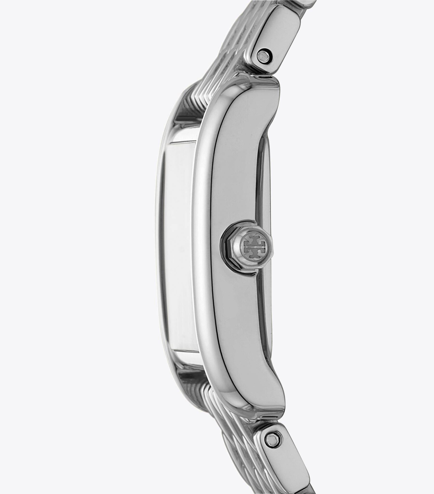 Side view of Tory Burch Eleanor watch showing case profile and silver bracelet
