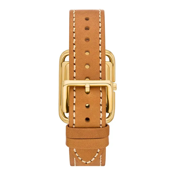 Brown leather strap with gold-tone buckle and contrast white stitching detail