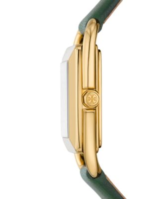 Side profile of Tory Burch Miller watch showing gold case depth and green leather strap