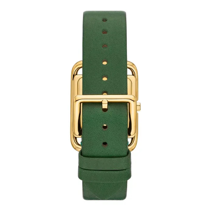 Green leather strap with gold-tone buckle and adjustment holes