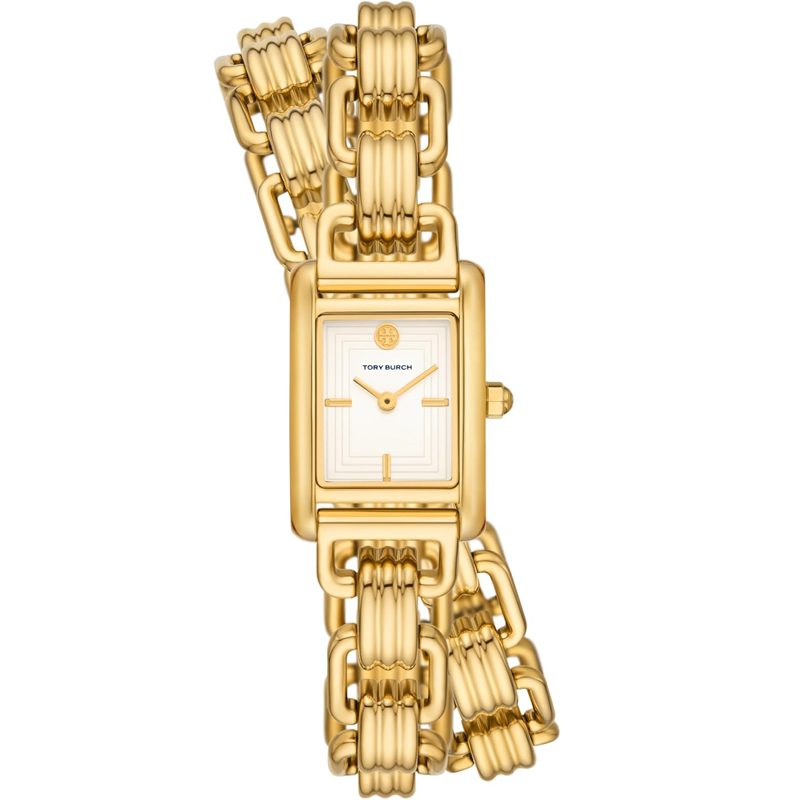 Tory Burch Mini Eleanor gold quartz watch with white dial and double wrap bracelet