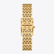 Side profile of Tory Burch Mini Eleanor watch with gold linked bracelet