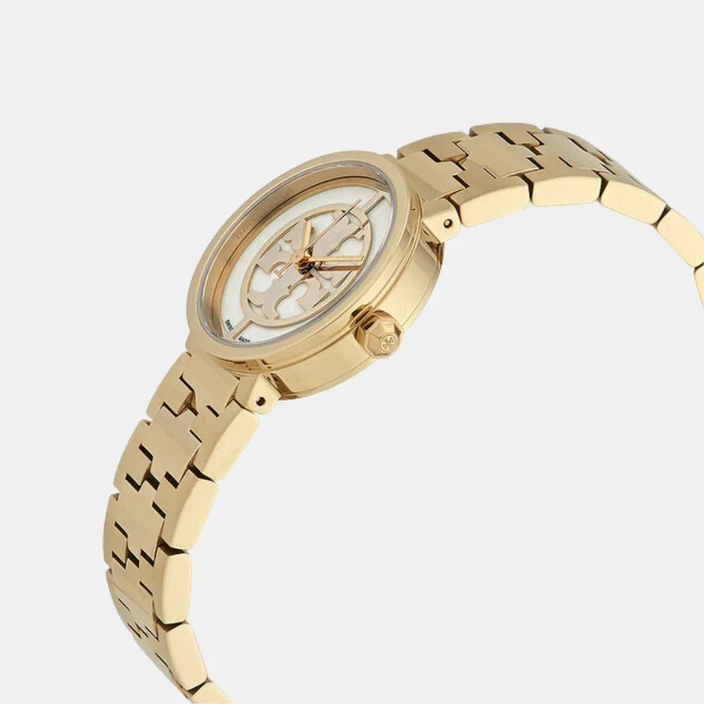 Tory Burch Reva Small Logo watch at an angle showing profile view and gold bracelet