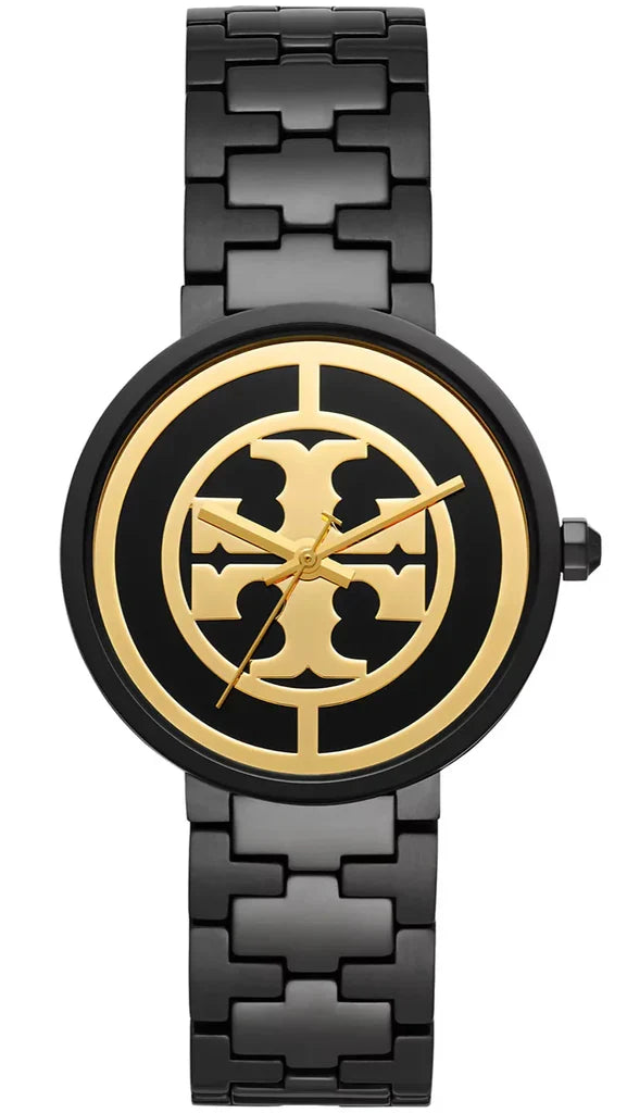 Tory Burch Reva black dial watch with gold logo and black steel bracelet