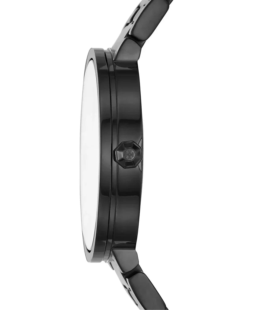 Side view of Tory Burch Reva watch showing black steel case and bracelet
