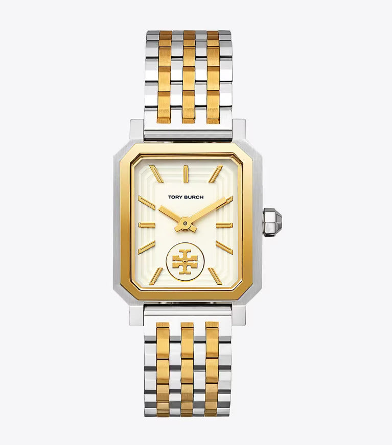 Tory Burch Robinson two-tone gold women's watch with rectangular case and matching bracelet