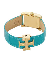 Tory Burch Tank watch caseback showing T logo and gold finish