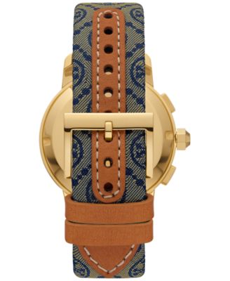 Tory Burch Chronograph Blue Fabric & Luggage Leather Strap 37mm Watch TBW1035