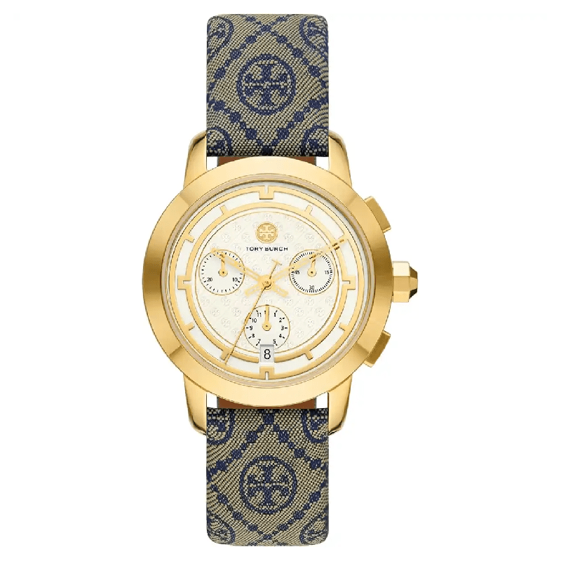 Tory Burch Chronograph Blue Fabric & Luggage Leather Strap 37mm Watch TBW1035